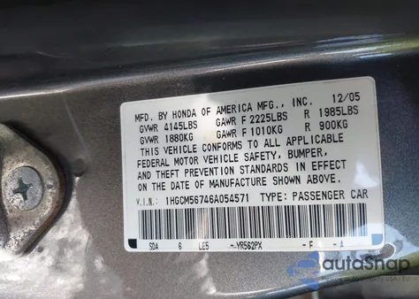 2006 Honda Accord 2.4 Ex from USA, damaged, VIN 1HGCM56746A054571